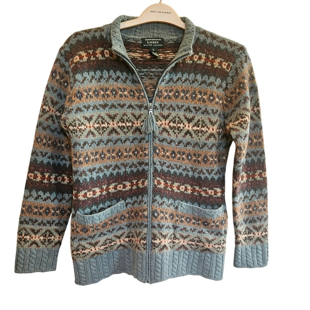 Lauren Ralph Lauren Womens Hand Knit Lambswool Alpaca Fair Isle Zip Cardigan S
